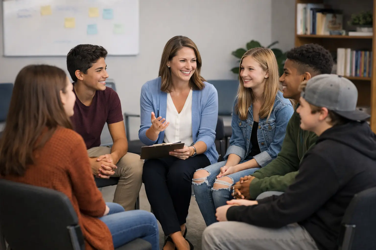 Teen group therapy session with adolescents participating in a therapeutic group discussion led by a mental health clinician.