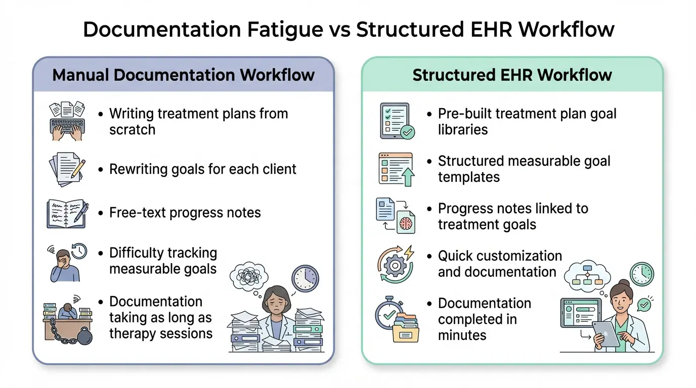 infographic comparing manual therapy documentation workflow with a structured EHR workflow for treatment plans and progress notes