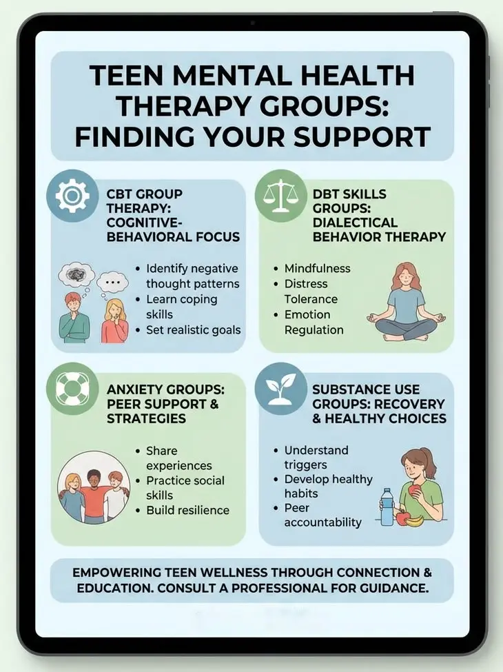 Types of teen group therapy including CBT groups, DBT skills groups, anxiety therapy groups, and substance use recovery groups for adolescents.