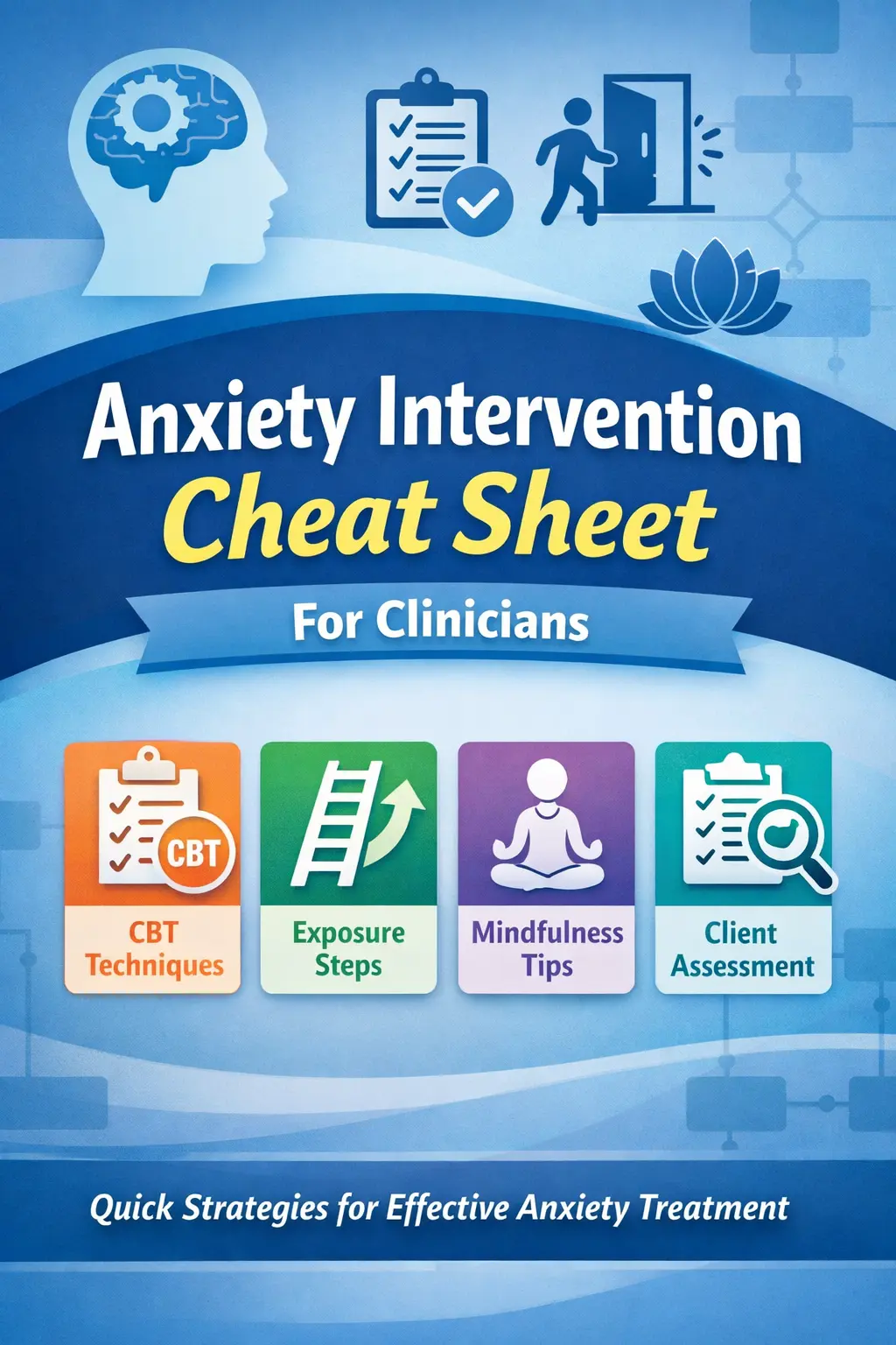 anxiety intervention cheat sheet for clinicians showing CBT exposure mindfulness and assessment techniques