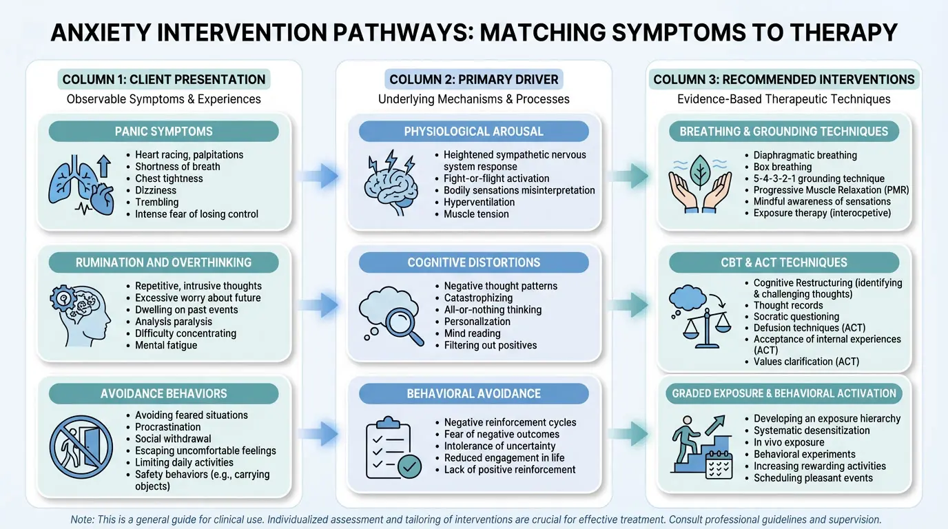 anxiety intervention pathways chart matching symptoms like panic rumination and avoidance to CBT exposure and mindfulness techniques