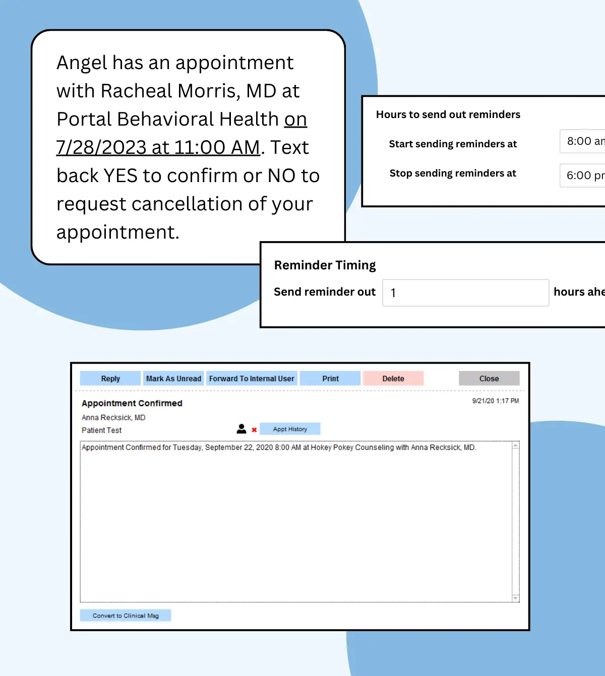 Mental health appointment reminders showing automated text message confirmation and reminder timing settings