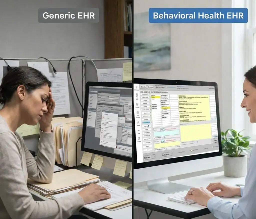 Behavioral health EHR vs generic EMR software comparison showing clinician using inefficient system versus streamlined mental health EHR interface