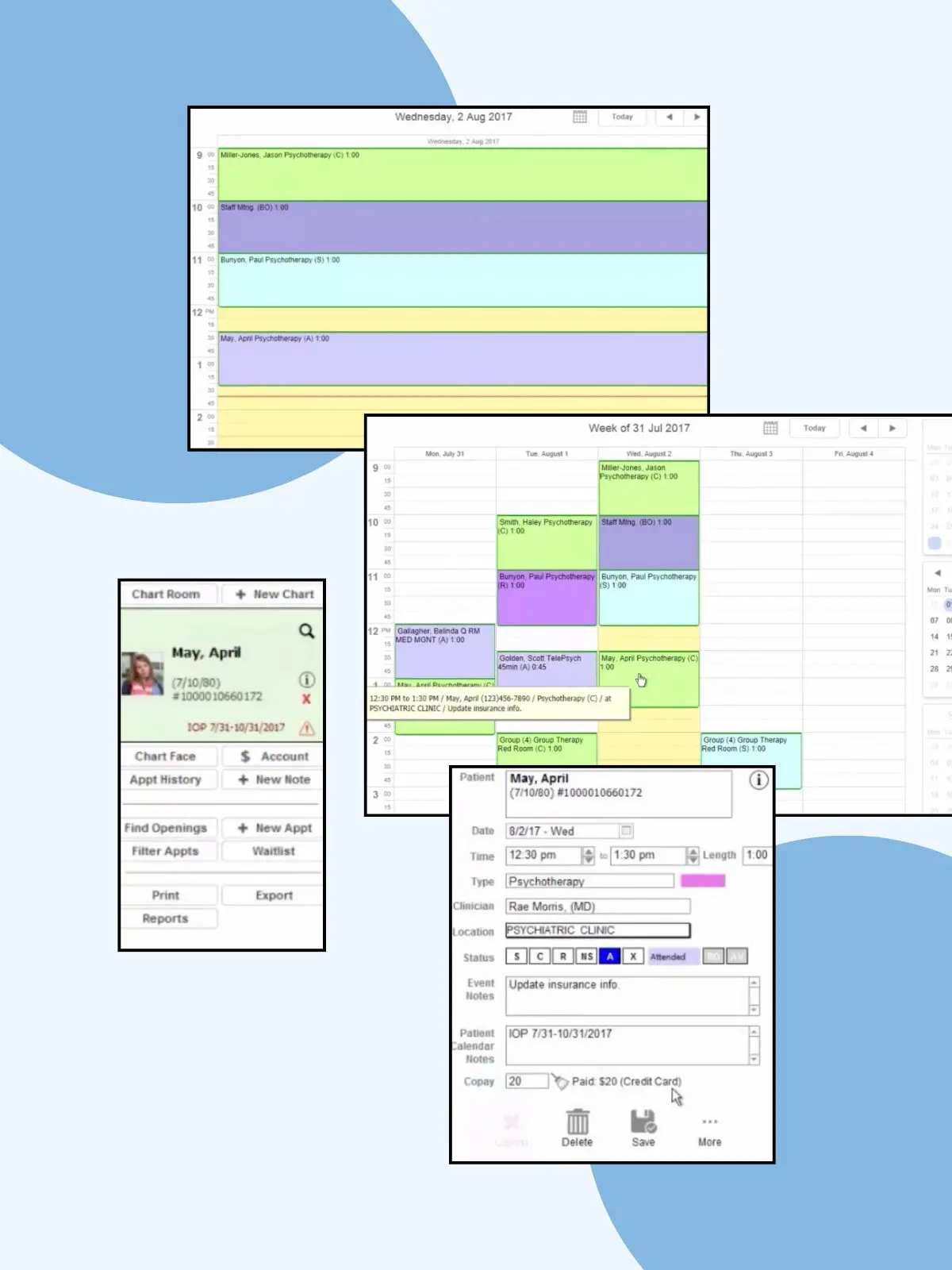 Behavioral health scheduling software showing multi-provider calendar, psychotherapy appointments, and patient self-scheduling interface