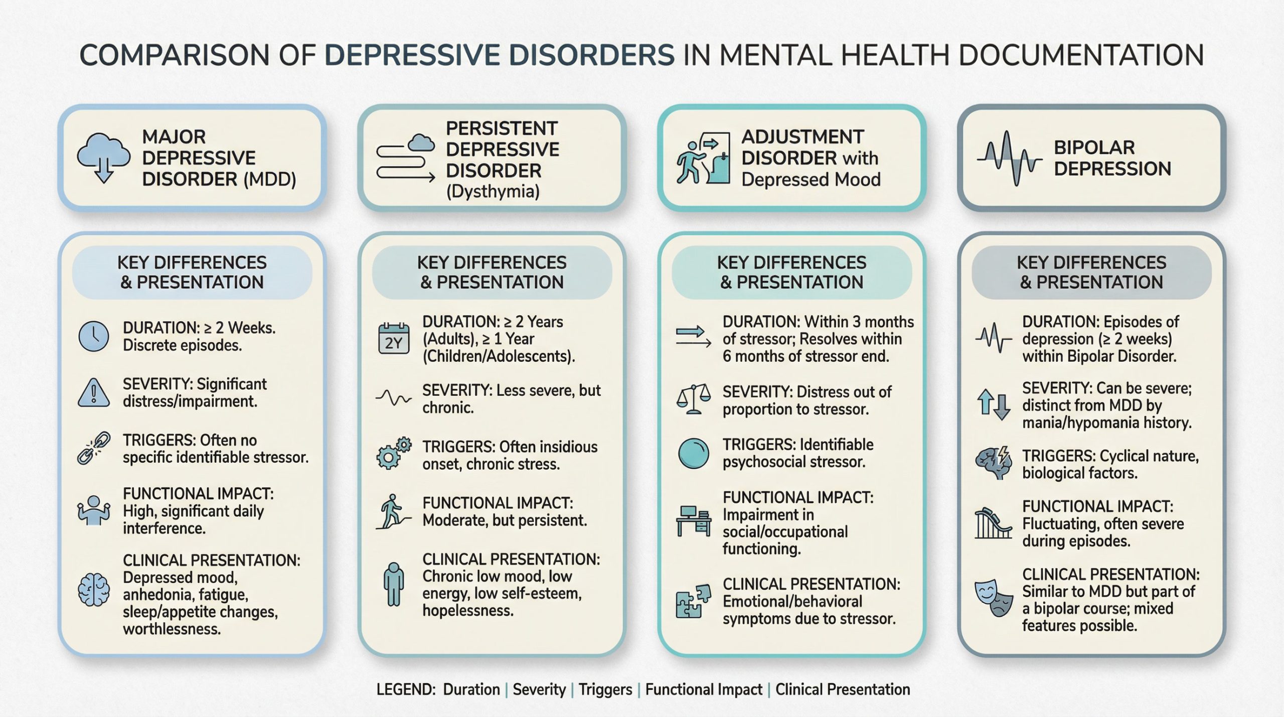 comparison of depressive disorders including major depressive disorder dysthymia adjustment disorder and bipolar depression symptoms and differences