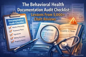 Behavioral health documentation audit checklist with medical necessity, treatment plans, billing accuracy, and chart review elements