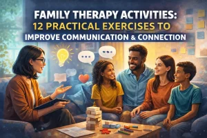 Family therapy session using structured communication exercises to improve connection between parents and children