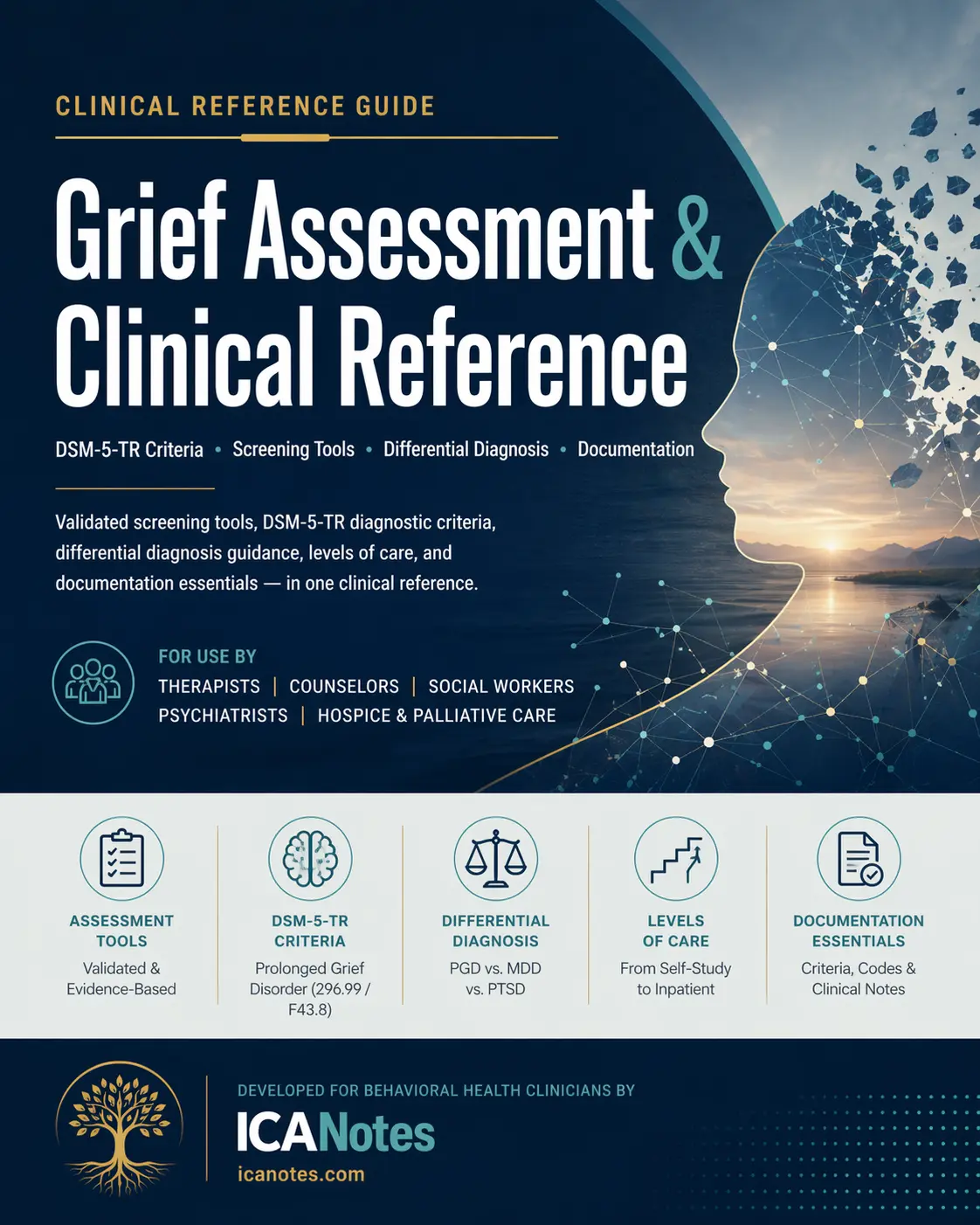 Grief assessment clinical reference guide PDF cover showing DSM-5-TR criteria, tools, and documentation