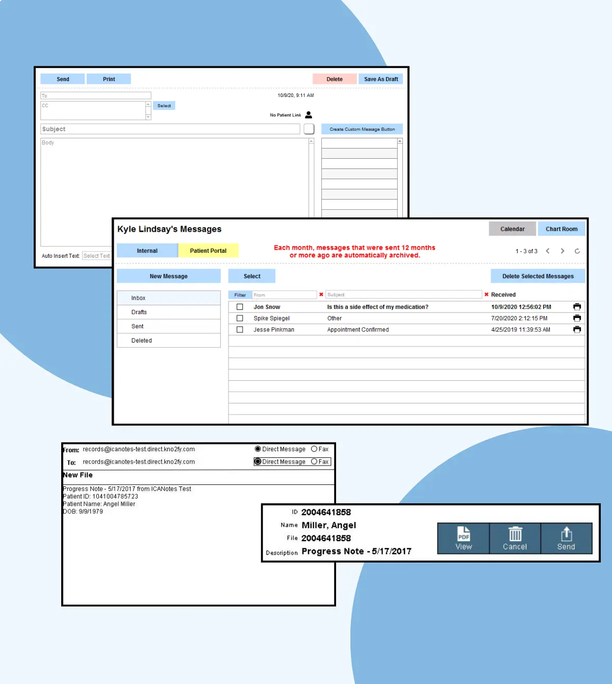 HIPAA-compliant patient messaging system for behavioral health showing secure patient portal messages and internal staff communication