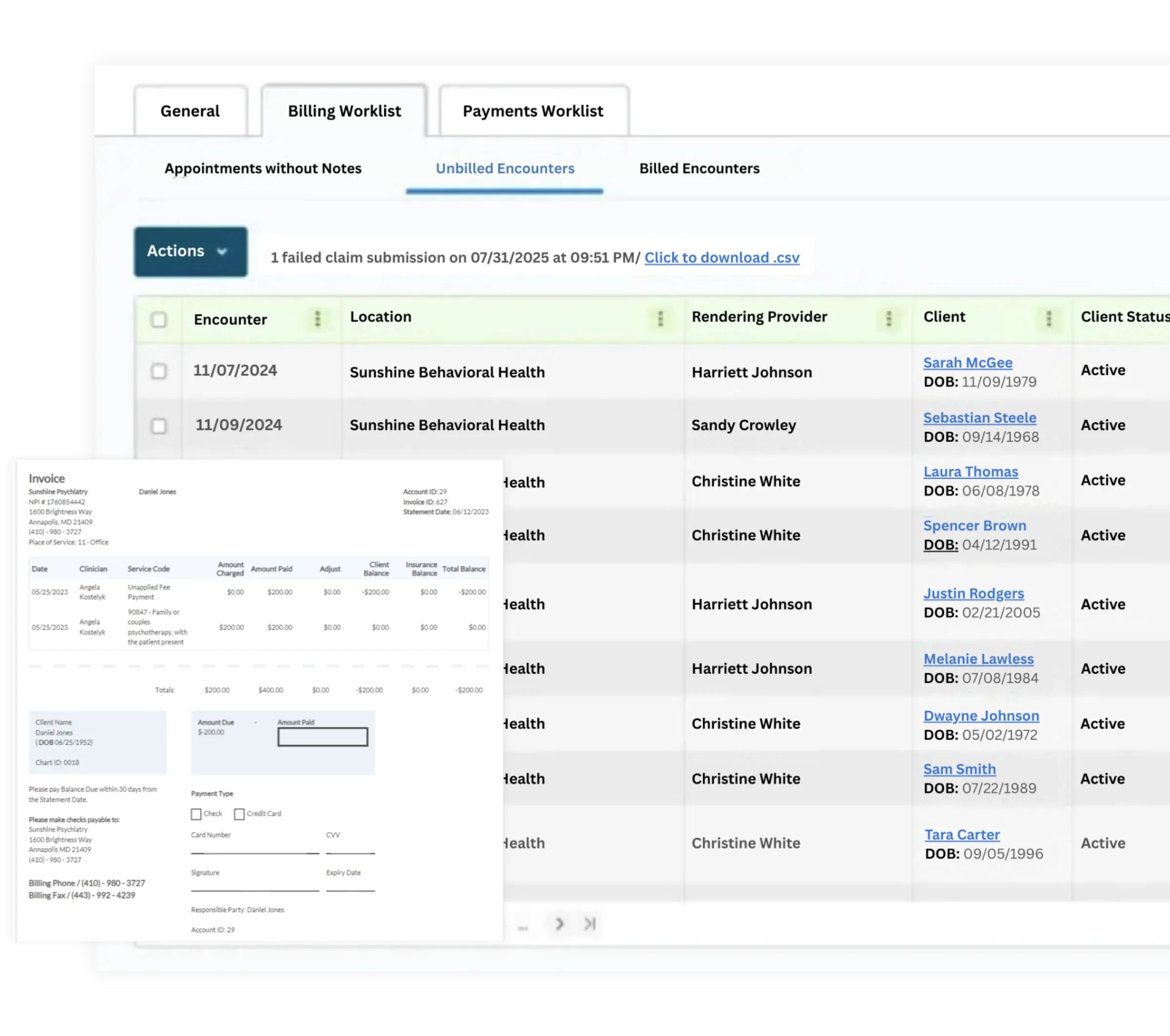 ICANotes billing interface showing a Billing Worklist with Unbilled Encounters tab listing active patient encounters by date, location, rendering provider, and client status, alongside a patient invoice showing service codes, amounts charged, insurance balance, and client balance with payment type fields for check and credit card