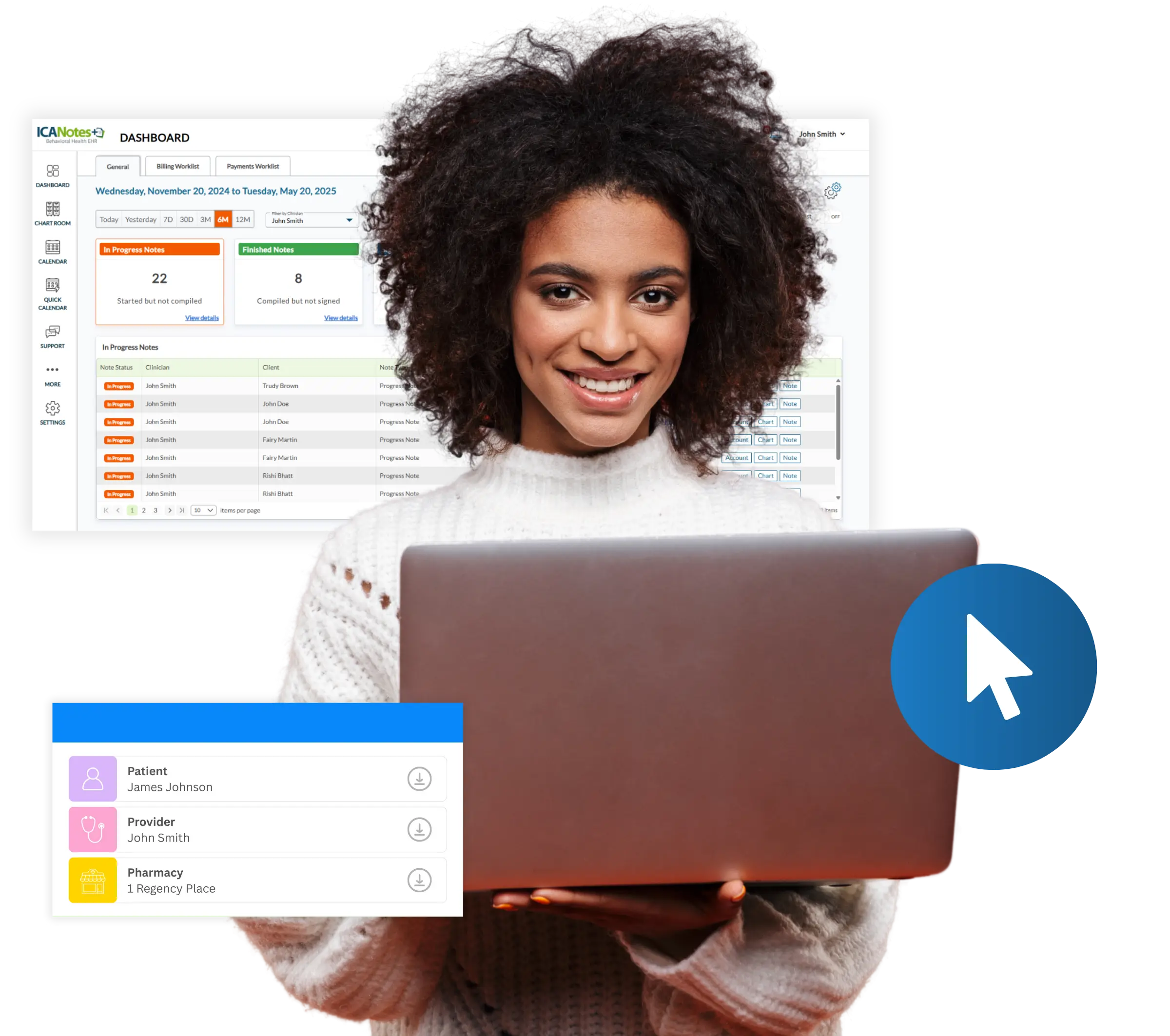 Female behavioral health clinician smiling while holding a laptop, with the ICANotes EHR dashboard showing 22 in-progress notes and 8 finished notes compiled but not signed, an in-progress notes worklist by clinician and client, and a prescription routing panel showing patient, provider, and pharmacy details