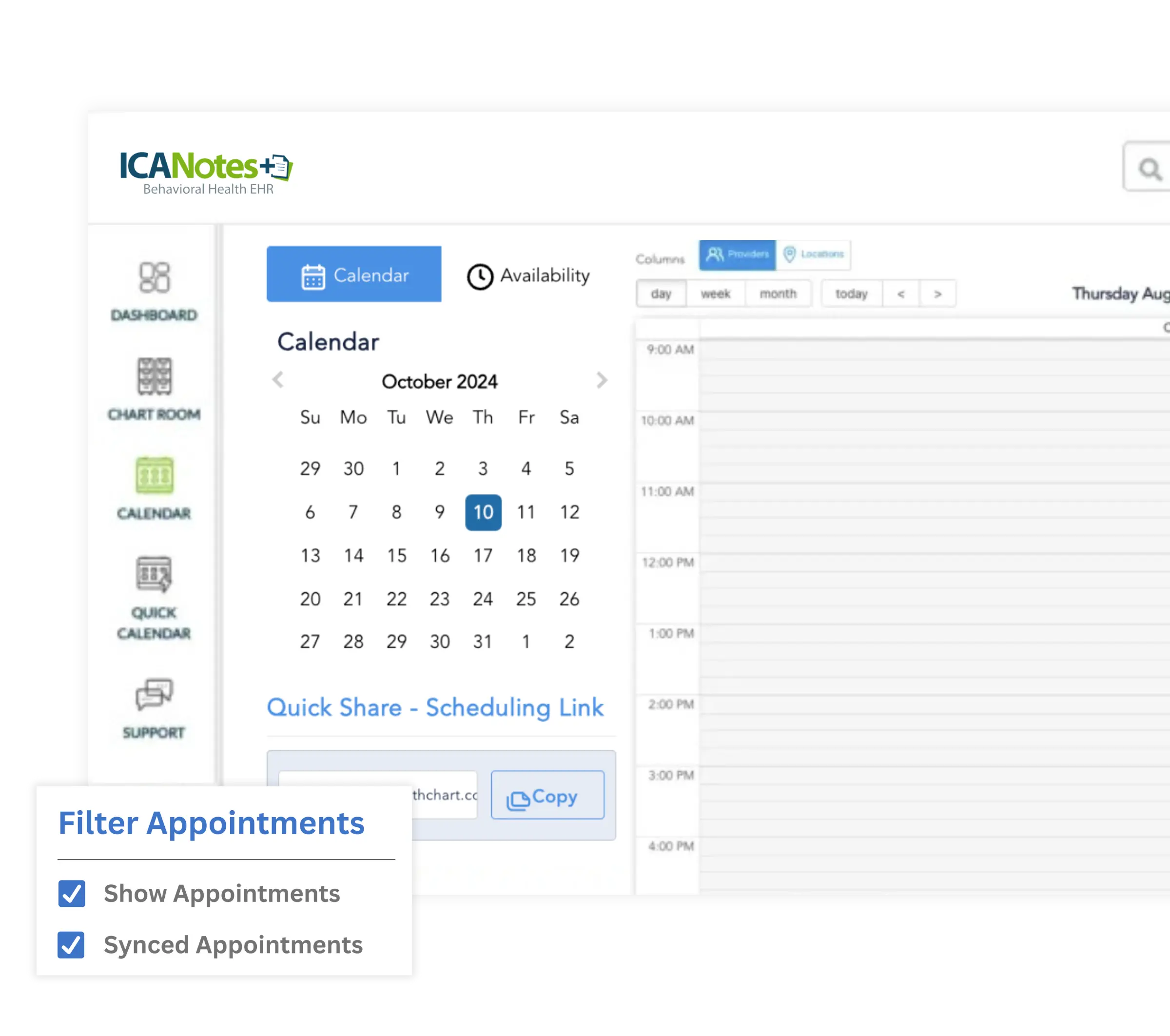 ICANotes scheduling interface showing a monthly calendar view for October 2024, a daily appointment grid filtered by provider and location, a Quick Share scheduling link for patient self-scheduling, and an appointment filter panel with Show Appointments and Synced Appointments options