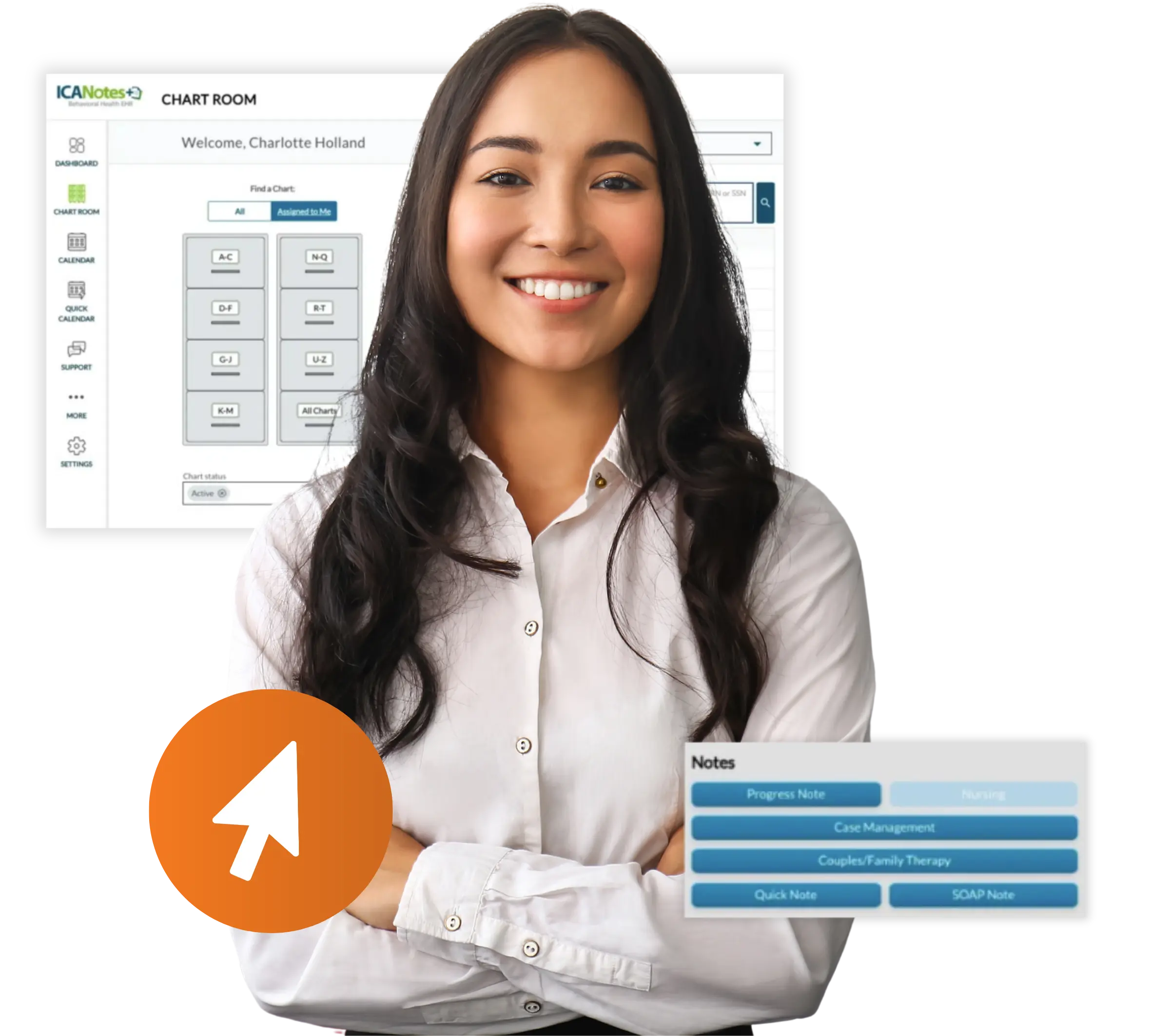 Female behavioral health clinician with arms crossed and smiling, with the ICANotes Chart Room interface displayed — showing alphabetical patient chart navigation, active chart status filter, and note type buttons including Progress Note, Case Management, Couples/Family Therapy, Quick Note, and SOAP Note