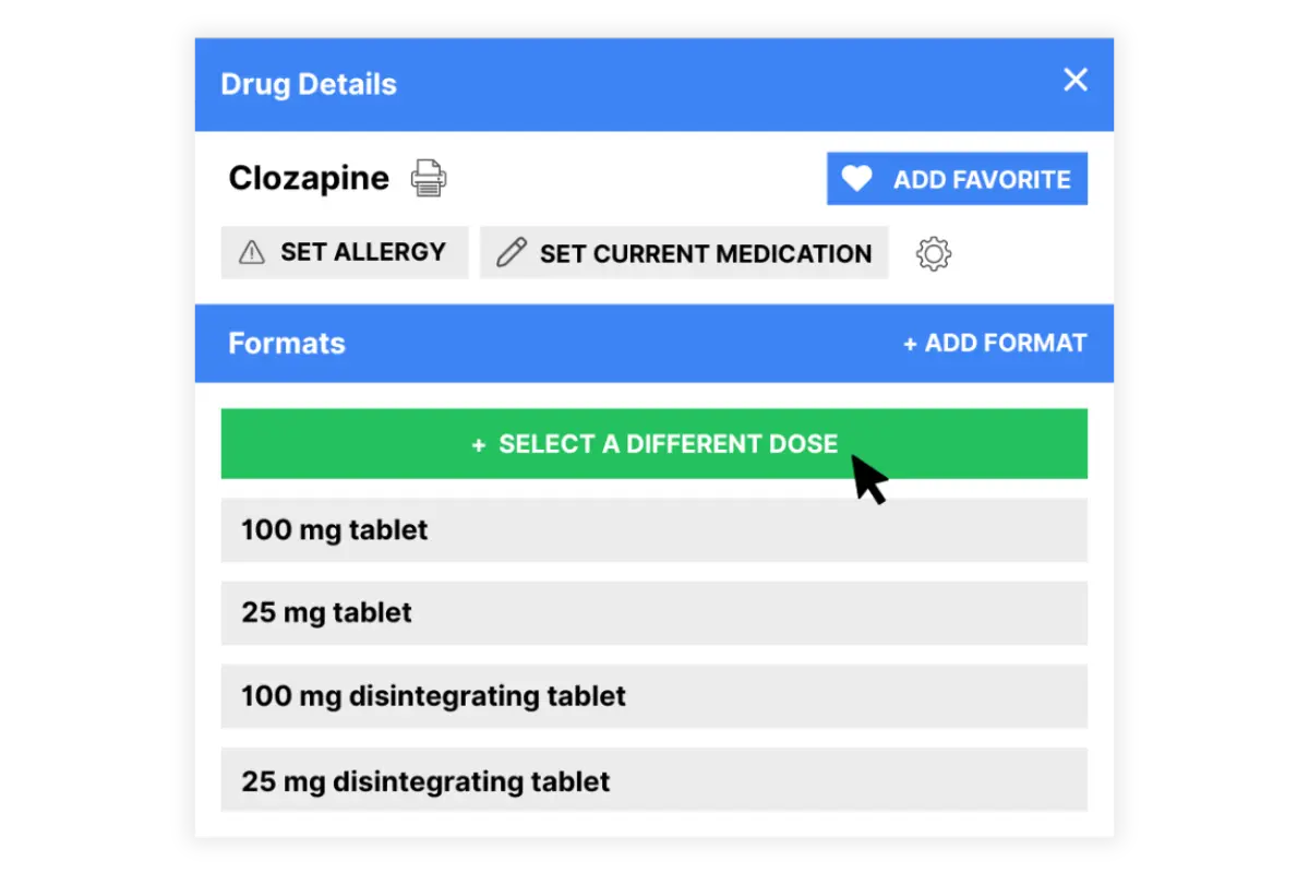 ICANotes ePrescribing interface showing a Drug Details panel for Clozapine with options to set allergy, set current medication, add to favorites, and select from available dosage formats including 100 mg tablet, 25 mg tablet, 100 mg disintegrating tablet, and 25 mg disintegrating tablet