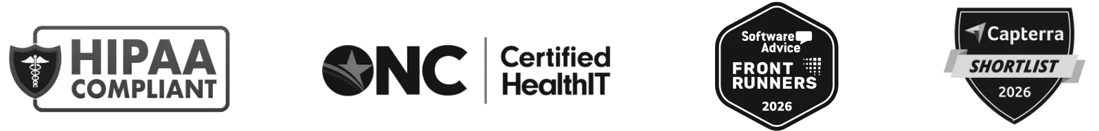 ICANotes certification badges: HIPAA Compliant, ONC Certified HealthIT, Software Advice Front Runners 2026, and Capterra Shortlist 2026