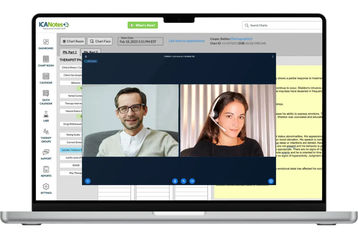 ICANotes telehealth interface on a laptop showing a live video session between a male patient and a female therapist wearing a headset, displayed within the EHR alongside a Therapist Progress Note with clinical narrative — demonstrating simultaneous telehealth and documentation in one platform