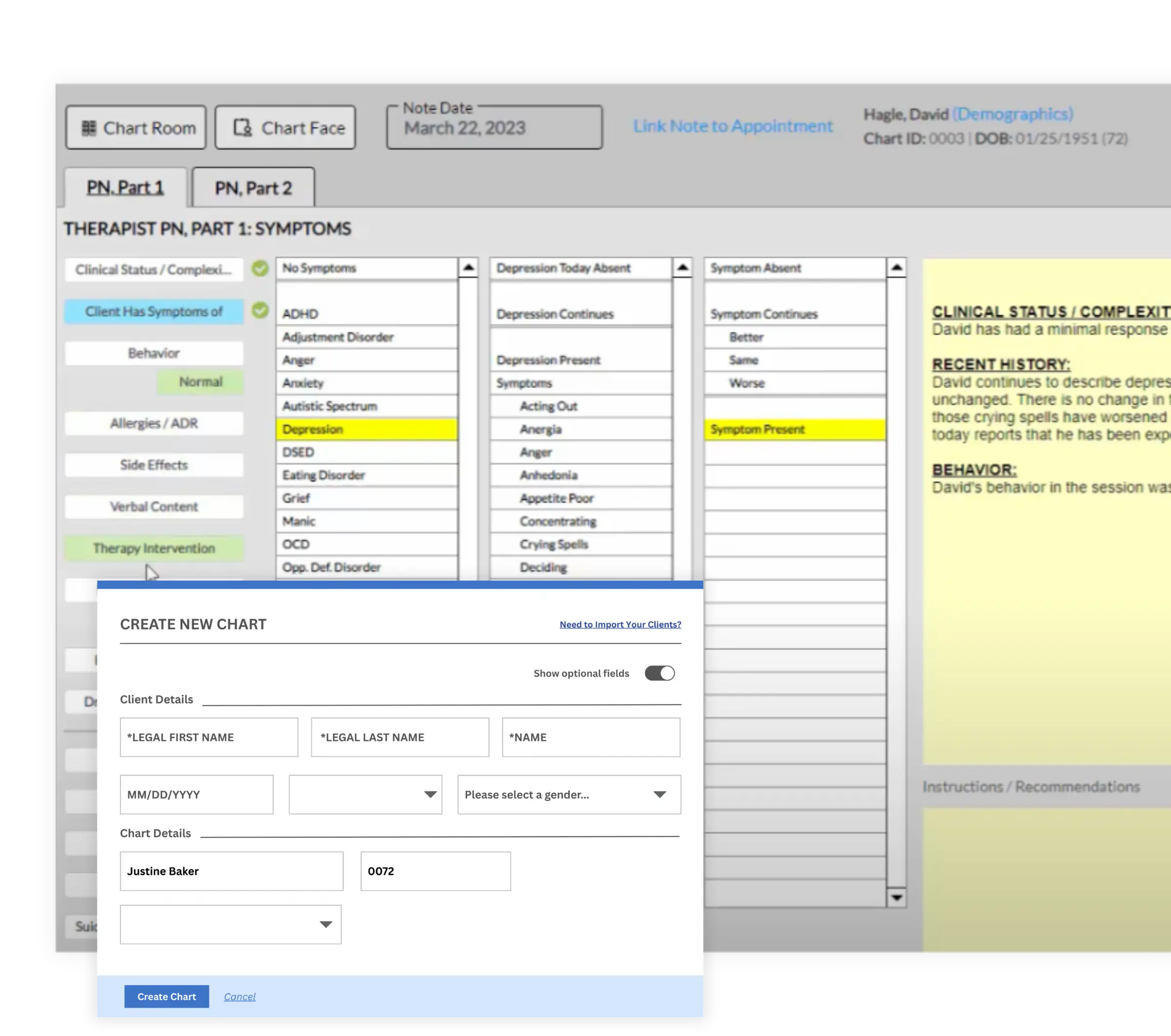 ICANotes EHR interface showing a therapist progress note with menu-driven symptom selection — Depression highlighted with related symptoms including Anergia, Anger, Anhedonia, Crying Spells — alongside an auto-generated clinical narrative and a Create New Chart patient intake form