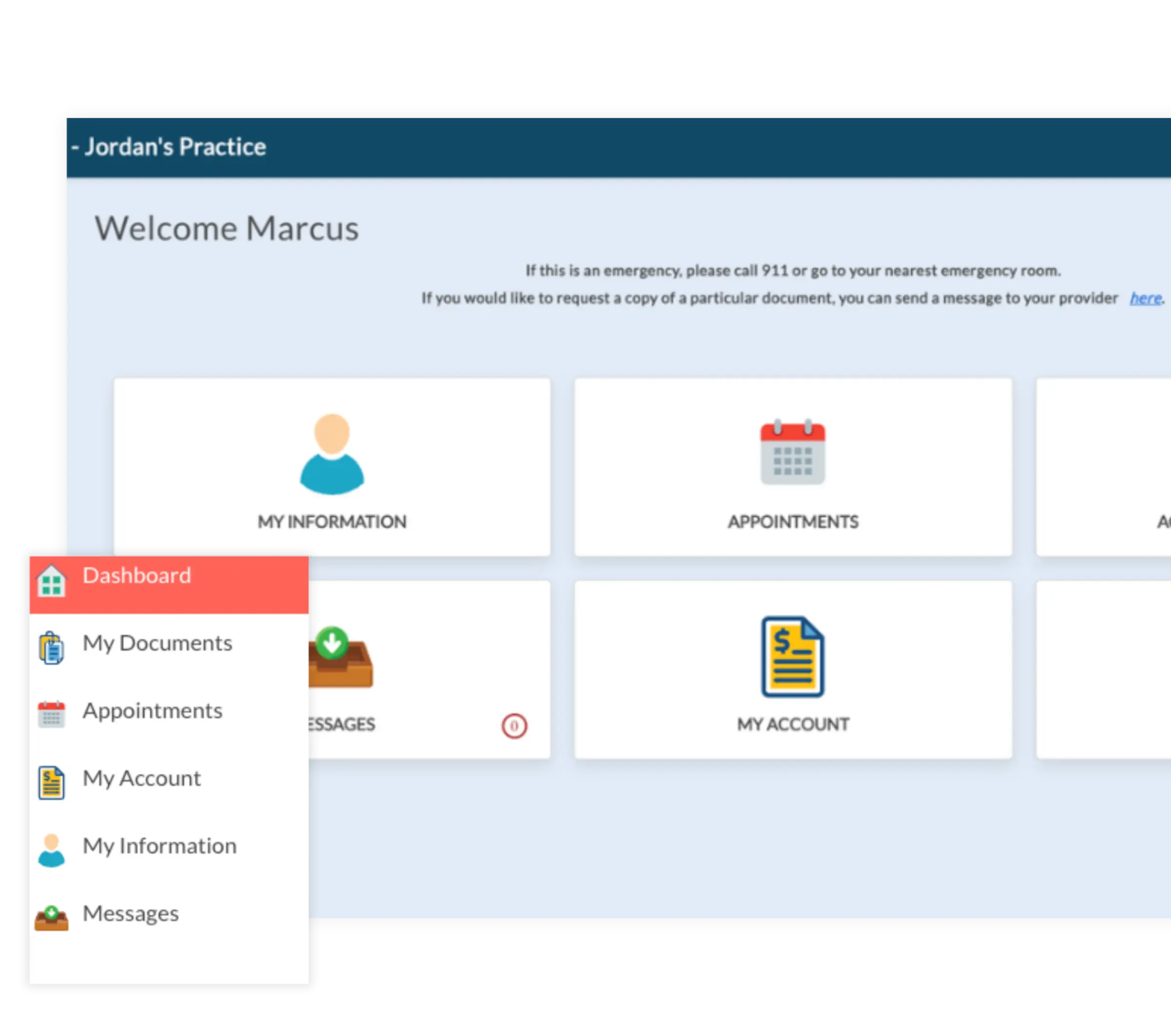 ICANotes patient portal dashboard showing a personalized welcome screen for patient Marcus at Jordan's Practice, with navigation tiles for My Information, Appointments, Messages, and My Account, and a sidebar menu including Dashboard, My Documents, Appointments, My Account, My Information, and Messages