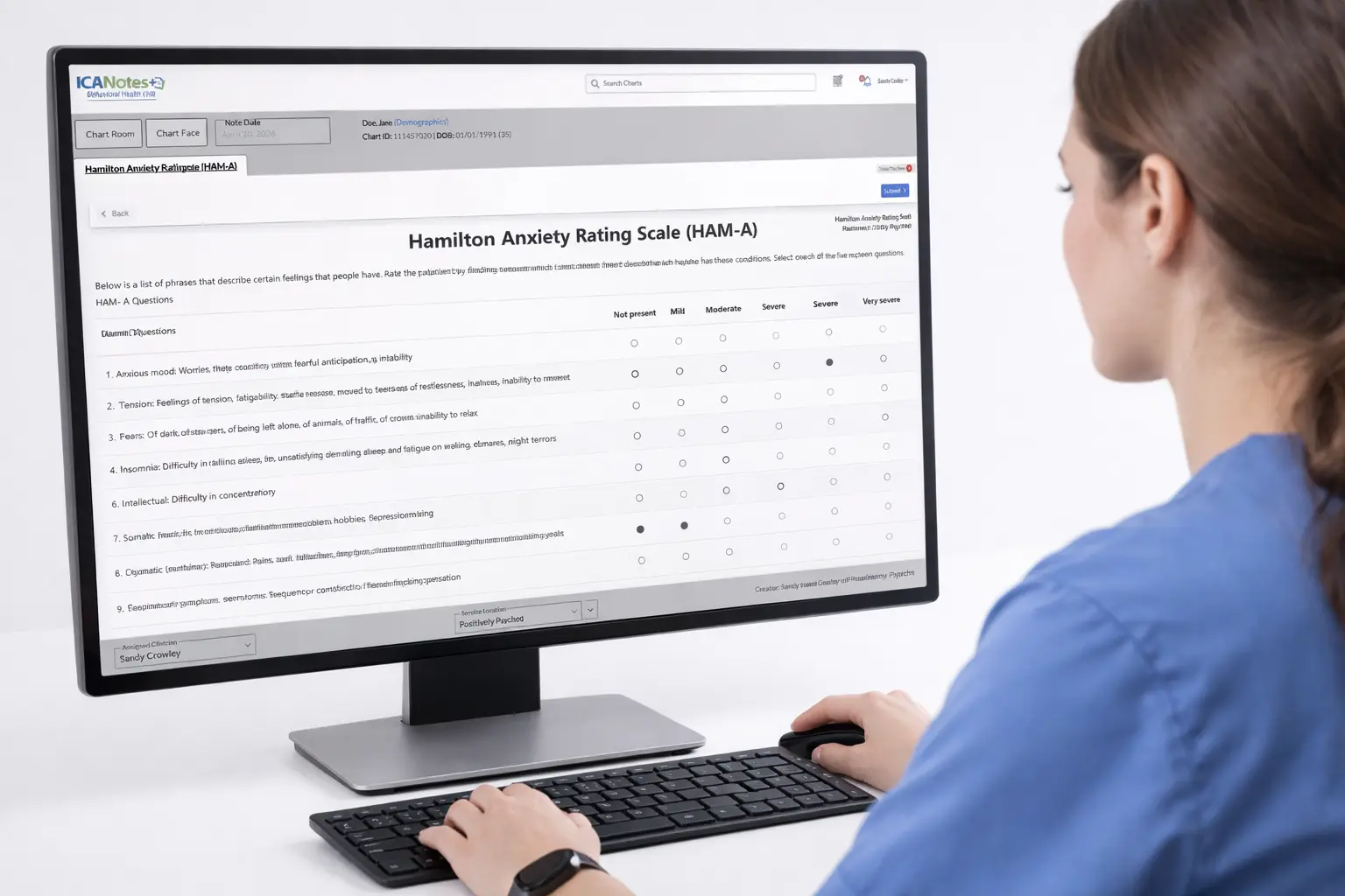 Clinician completing a Hamilton Anxiety Rating Scale (HAM-A) using mental health assessment tools in ICANotes software