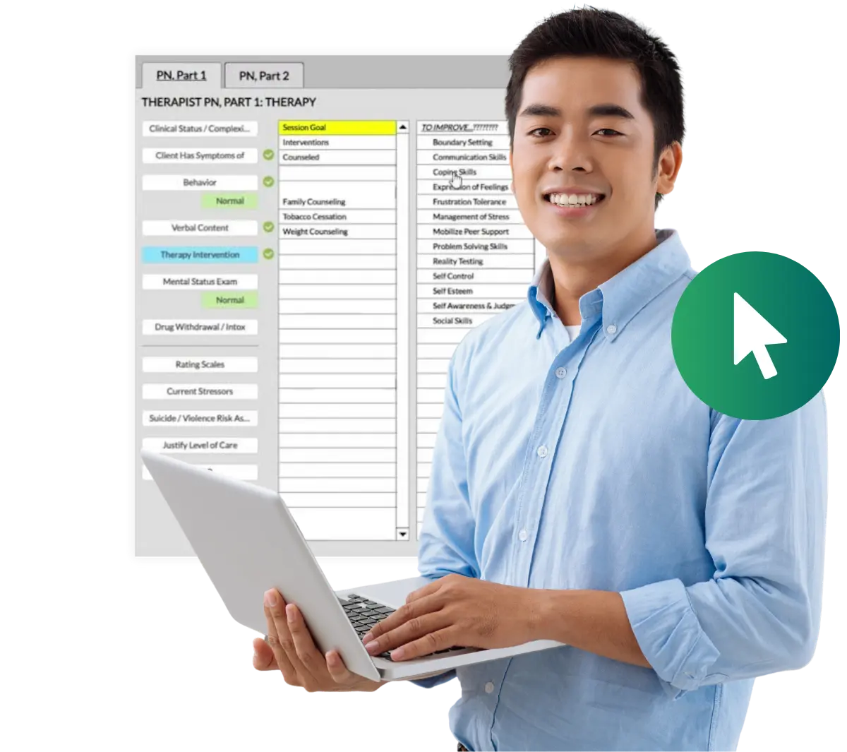 Mental health charting software with point-and-click interface for creating fast and accurate progress notes