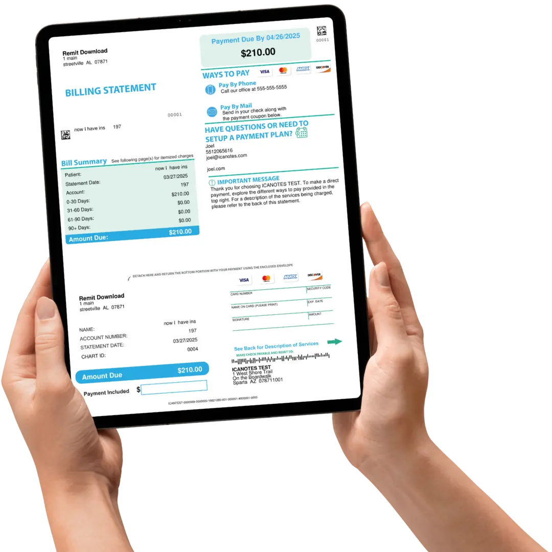 Mental health billing software displaying a patient billing statement and payment options on a tablet