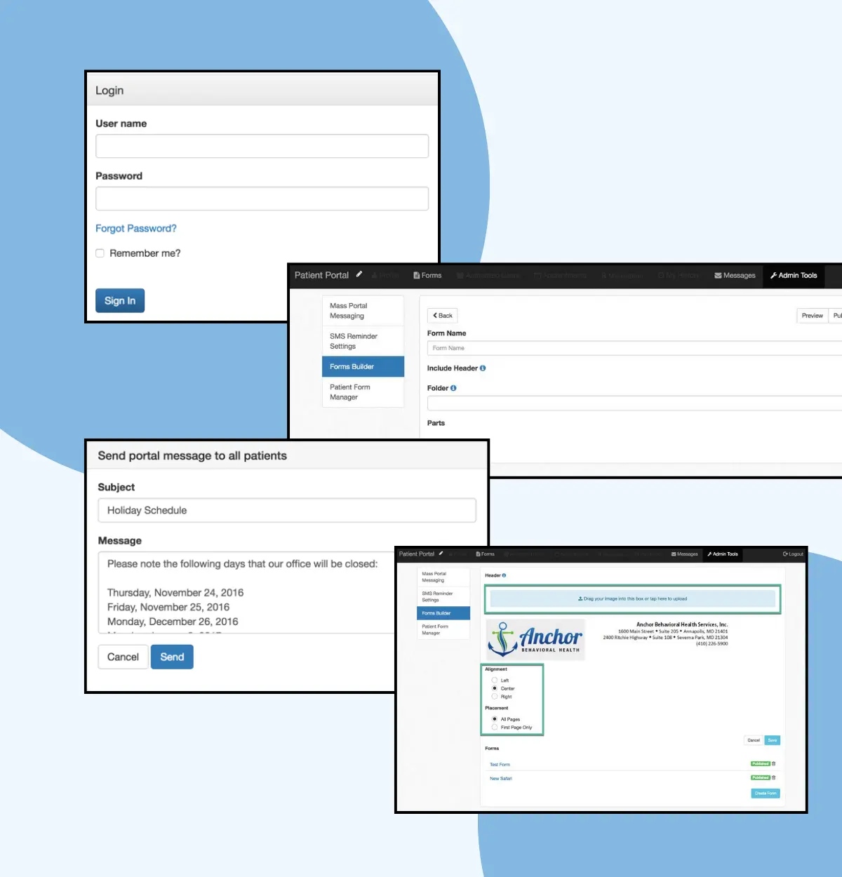 Behavioral health patient portal showing secure login, intake forms, and HIPAA-compliant patient messaging interface