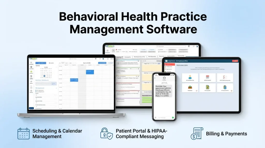 Behavioral health practice management software showing scheduling calendar, patient portal, HIPAA-compliant messaging, and billing dashboard across devices