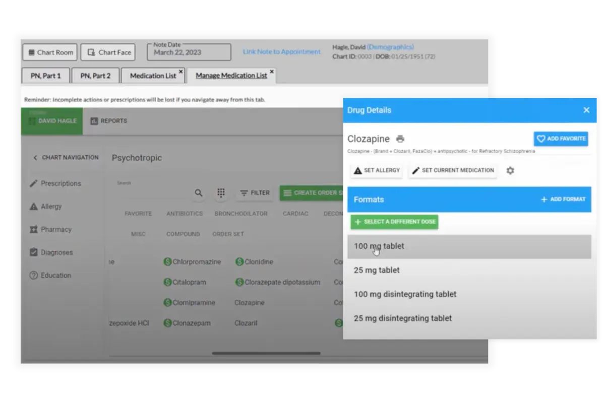 Psychiatric EHR software interface showing medication management and integrated mental health charting tools