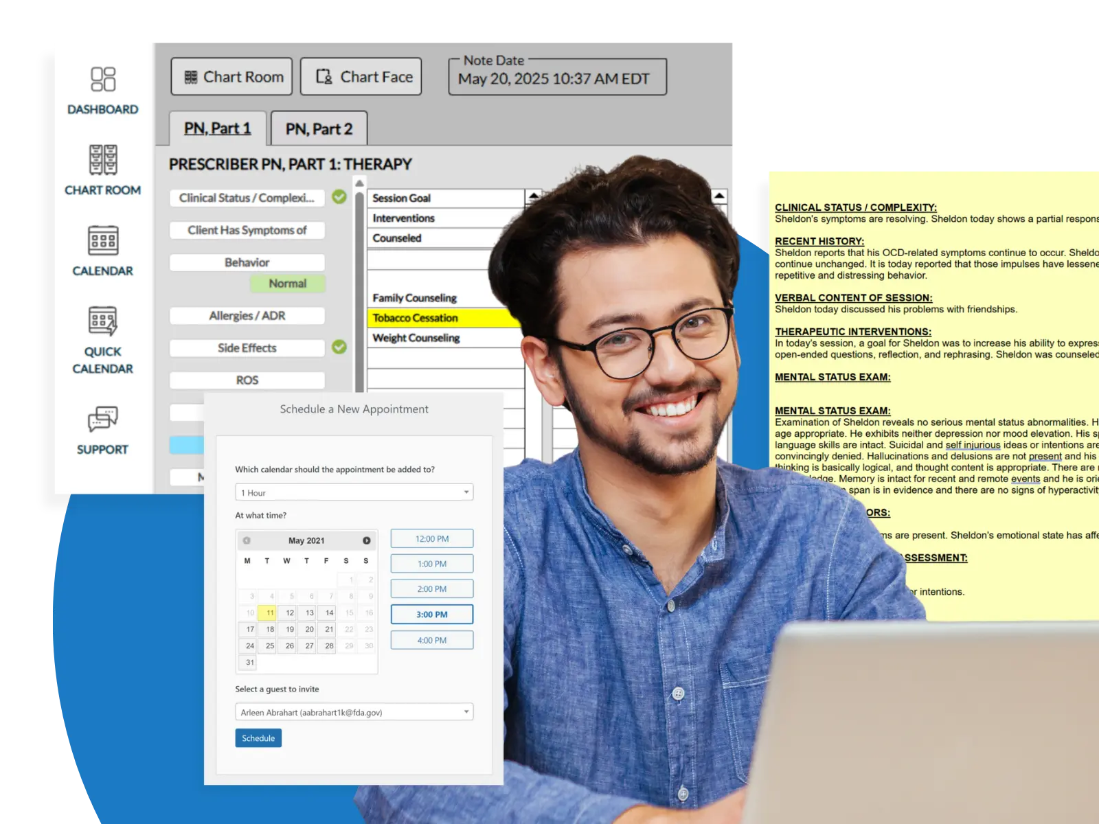 Psychiatry EHR software interface showing progress notes, clinical documentation, and scheduling tools for psychiatrists