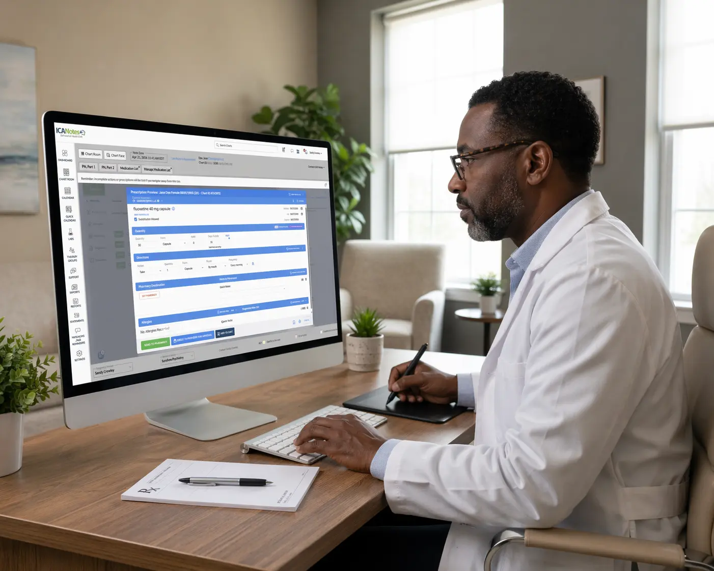 Psychiatrist using behavioral health practice management software for e-prescribing and patient medication management