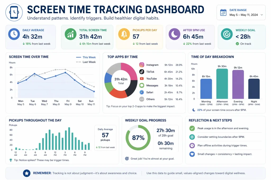 Screen time tracking dashboard showing app usage, daily averages, pickups, and digital wellness insights