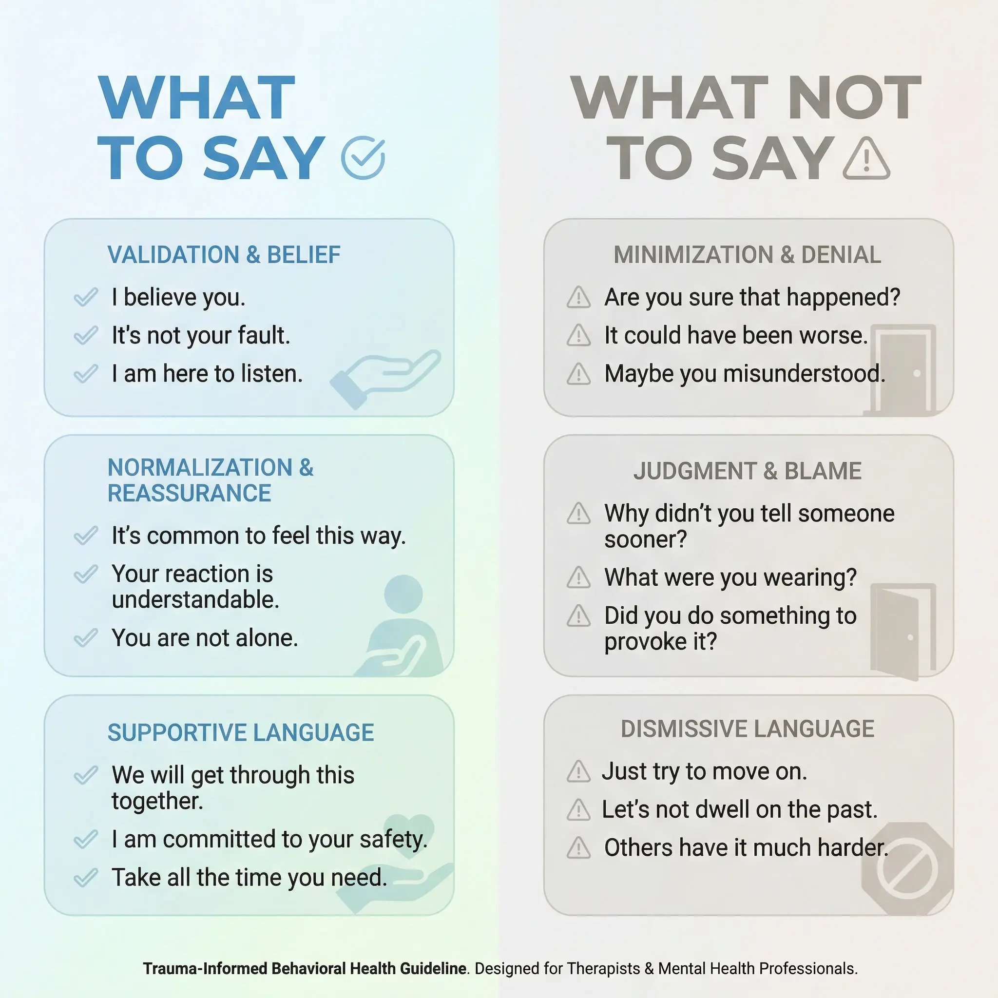 Infographic showing what to say and what not to say when responding to sexual trauma disclosure, including supportive and harmful clinician responses