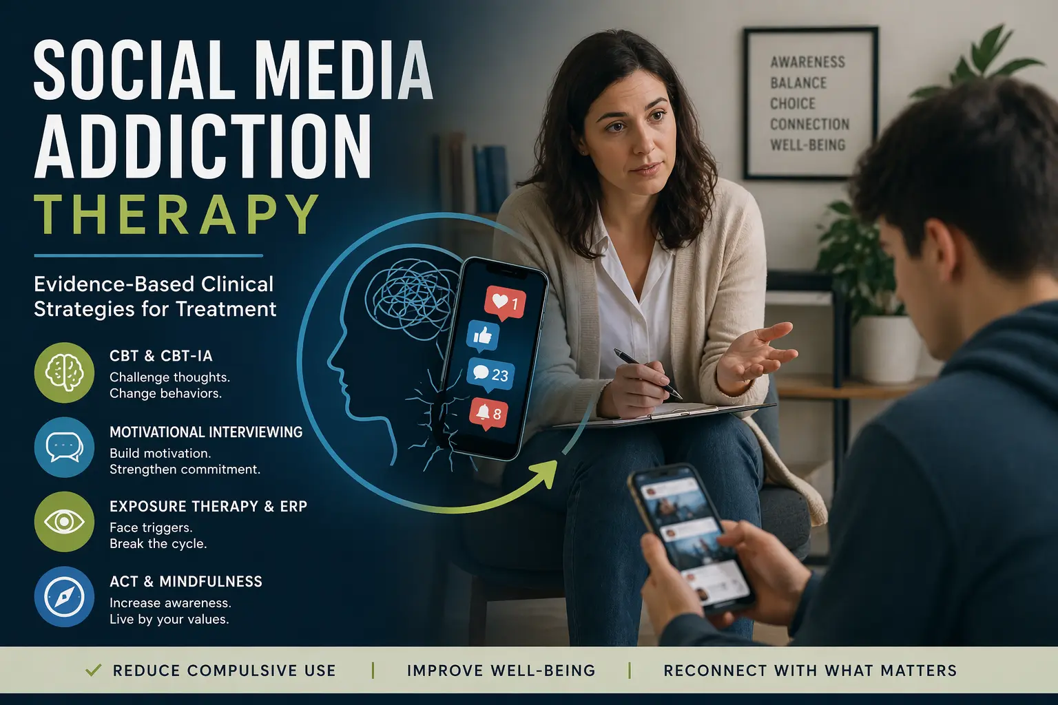 Therapist working with client on social media addiction using evidence-based treatment strategies like CBT and motivational interviewing
