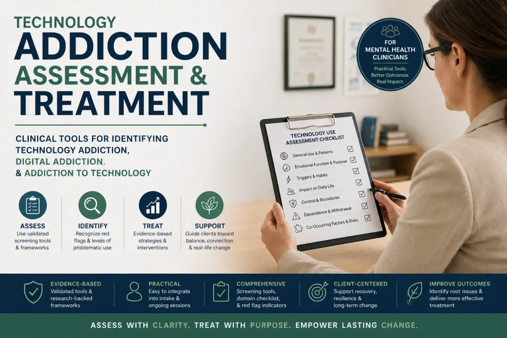 Clinician conducting technology addiction assessment and treatment using structured checklist for digital addiction