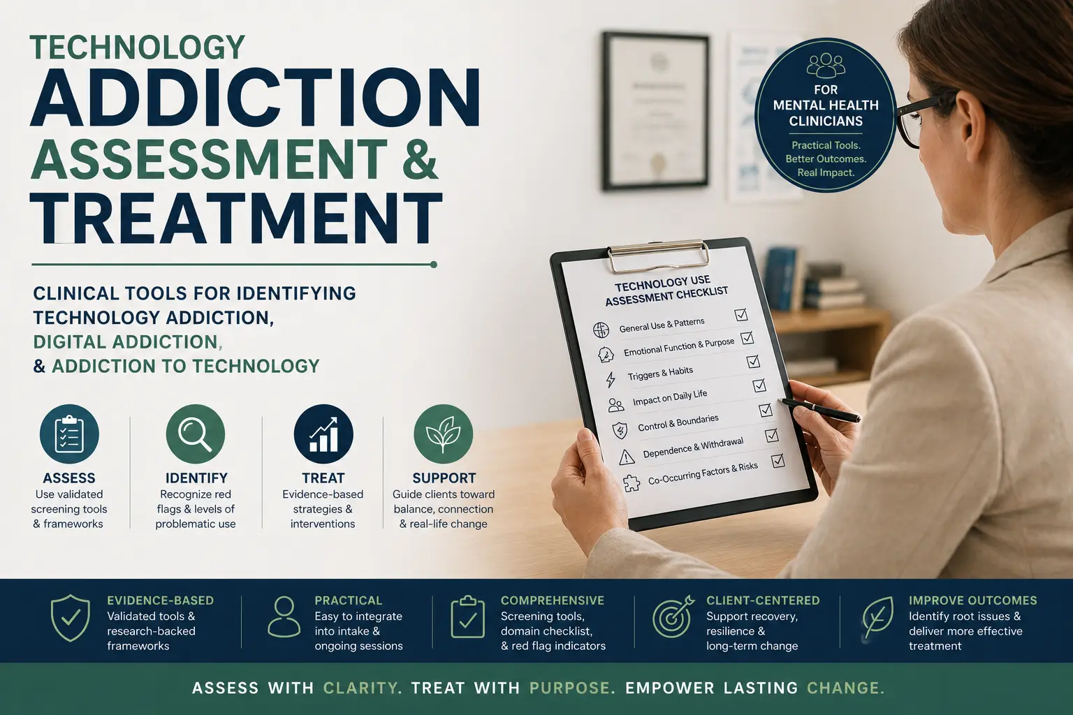 Clinician conducting technology addiction assessment and treatment using structured checklist for digital addiction