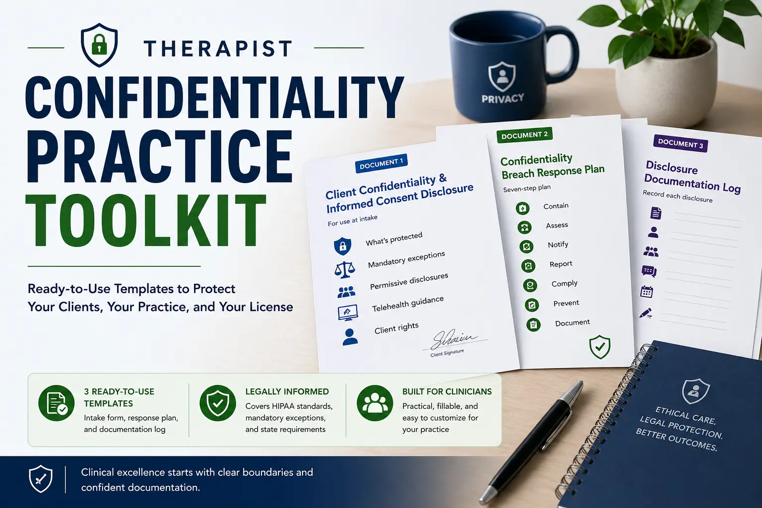 Therapist Confidentiality Practice Kit with templates for informed consent, breach response, and disclosure documentation