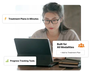 Therapist using therapy EHR software for treatment planning, documentation, and progress tracking