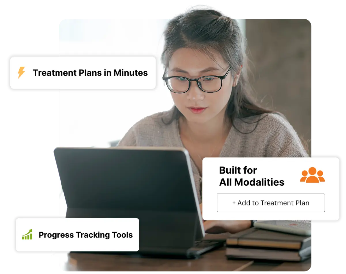Therapist using therapy EHR software for treatment planning, documentation, and progress tracking