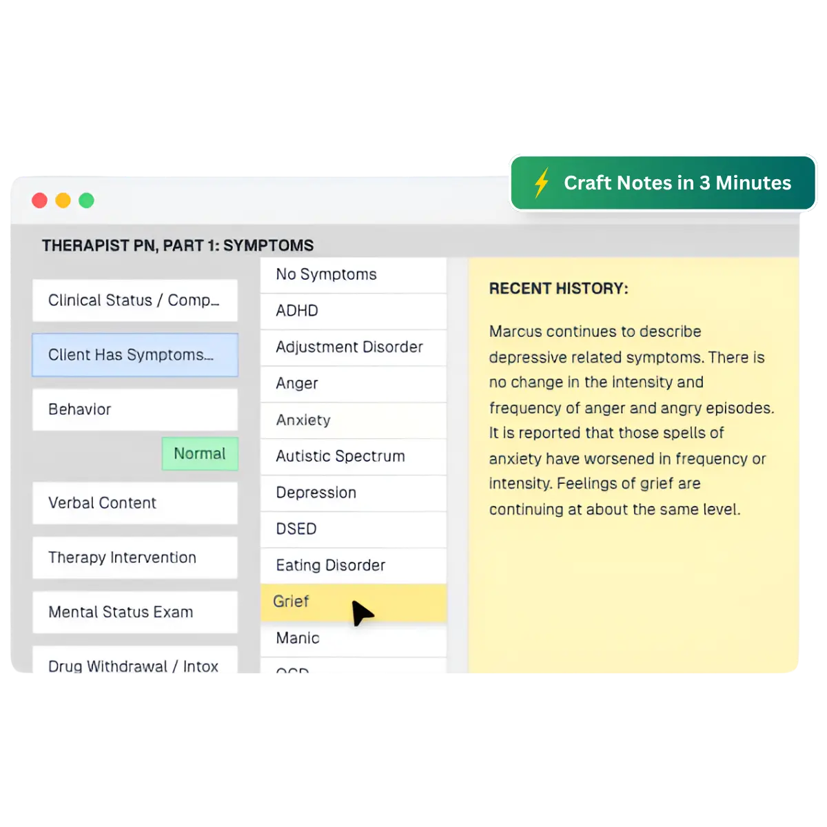 Therapy notes software interface showing fast documentation and clinical note generation for therapists
