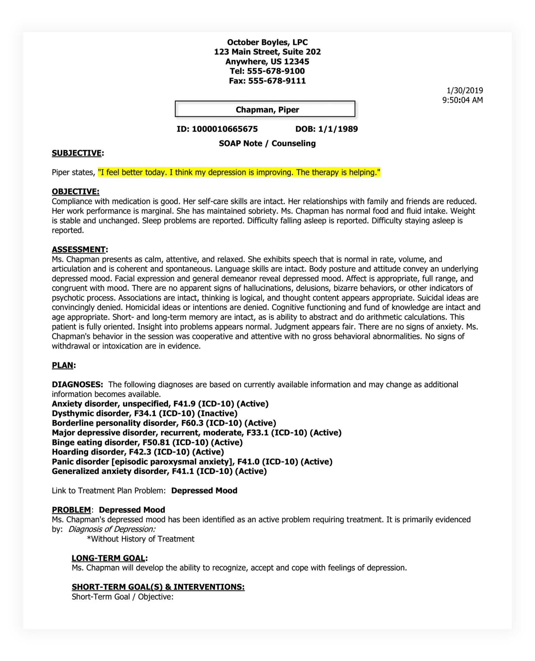 Therapy notes software SOAP note example showing clinical documentation for counseling sessions