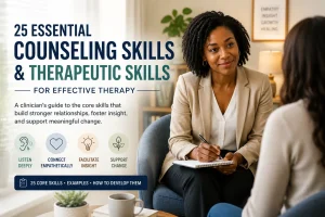 African American therapist demonstrating active listening and counseling skills during a therapy session