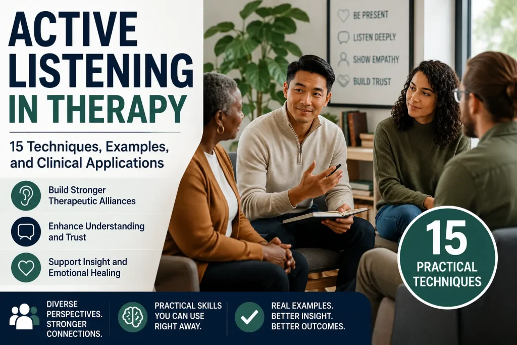 Diverse therapists and clients participating in a therapy discussion illustrating active listening techniques in psychotherapy