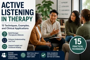 Diverse therapists and clients participating in a therapy discussion illustrating active listening techniques in psychotherapy