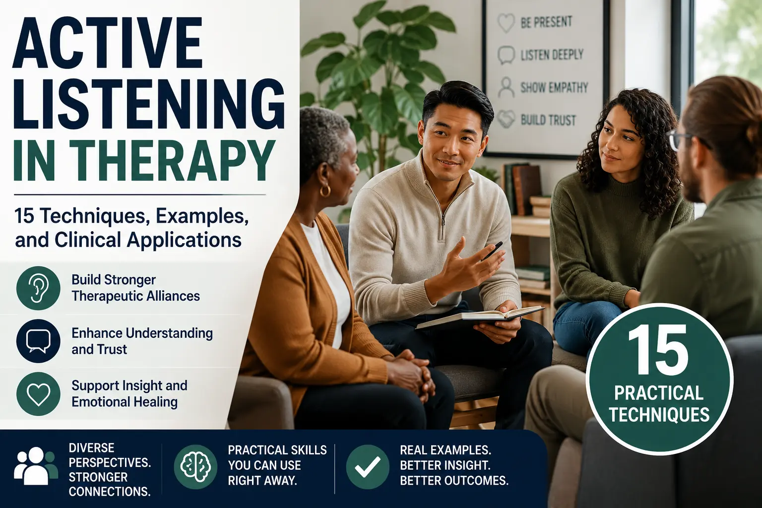 Diverse therapists and clients participating in a therapy discussion illustrating active listening techniques in psychotherapy