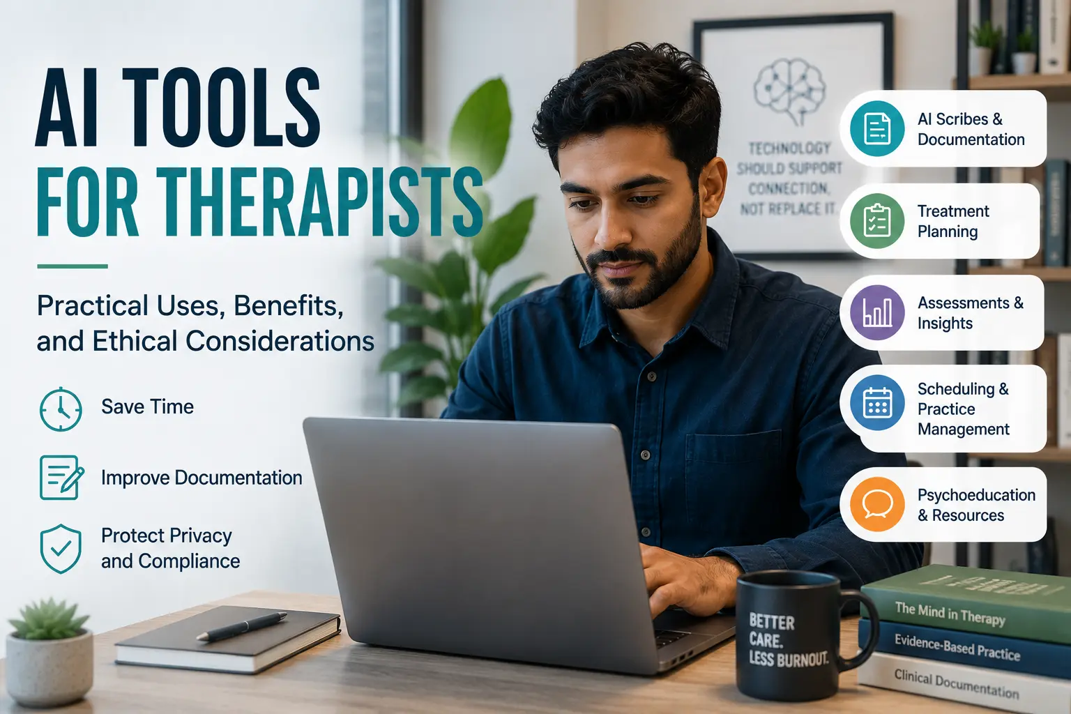 Behavioral health therapist using AI-powered software for clinical documentation, treatment planning, scheduling, and practice management.