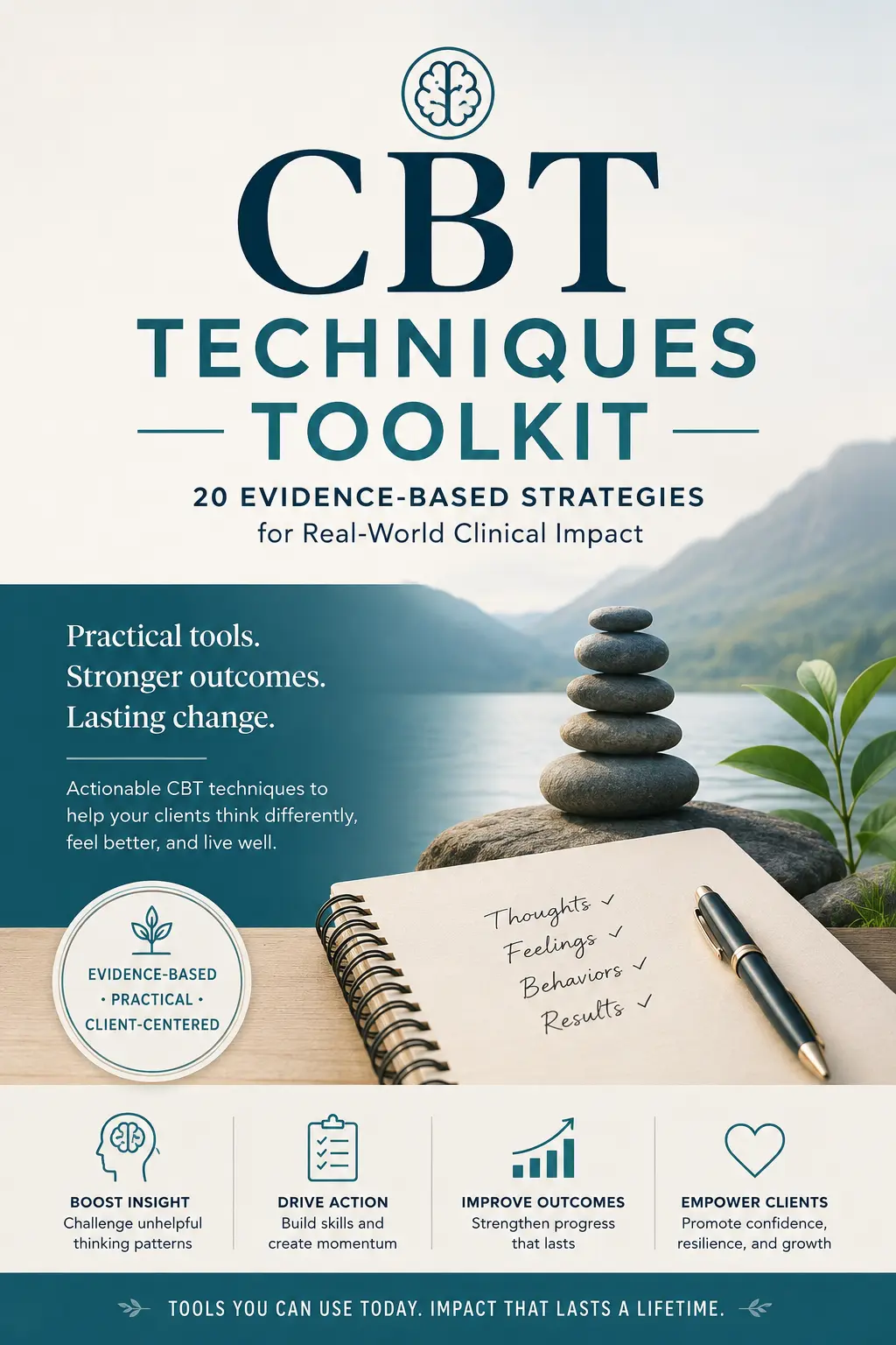 The Clinician’s CBT Techniques Toolkit PDF cover with CBT worksheets, therapist scripts, and treatment tools
