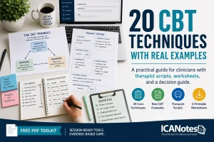 Clinician using CBT worksheets and cognitive behavioral therapy techniques with real examples and therapy tools