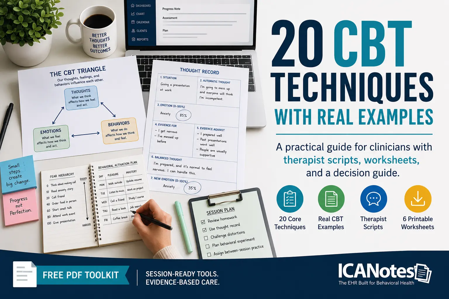 Clinician using CBT worksheets and cognitive behavioral therapy techniques with real examples and therapy tools