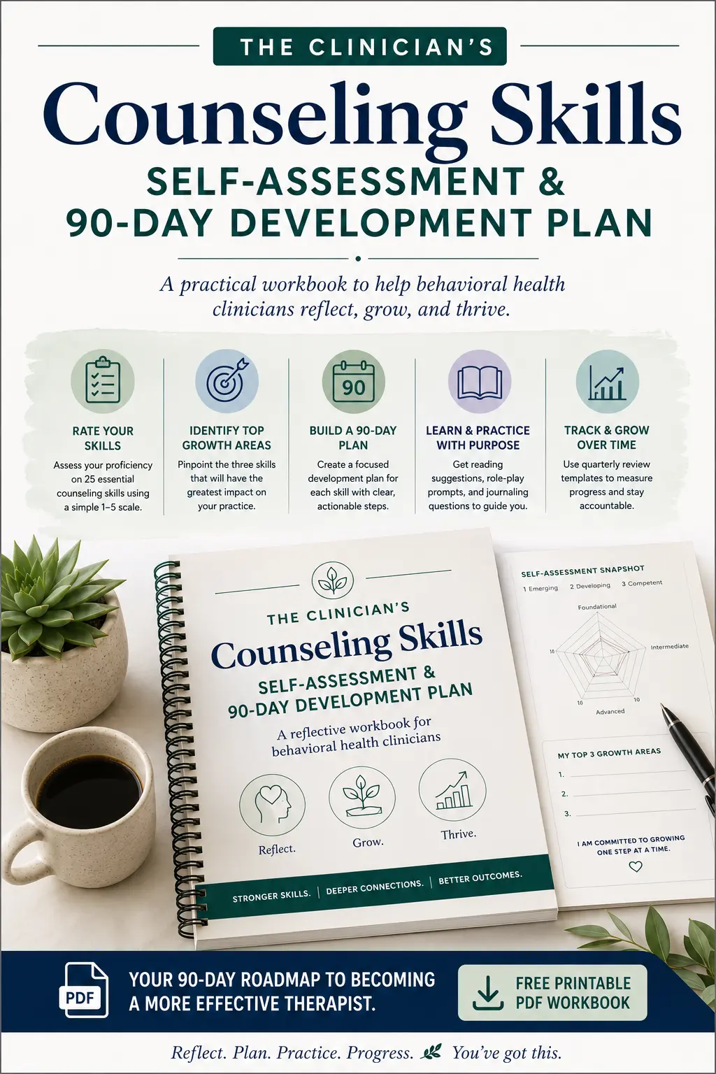 Cover of a counseling skills self-assessment workbook for behavioral health clinicians featuring a 90-day professional development plan