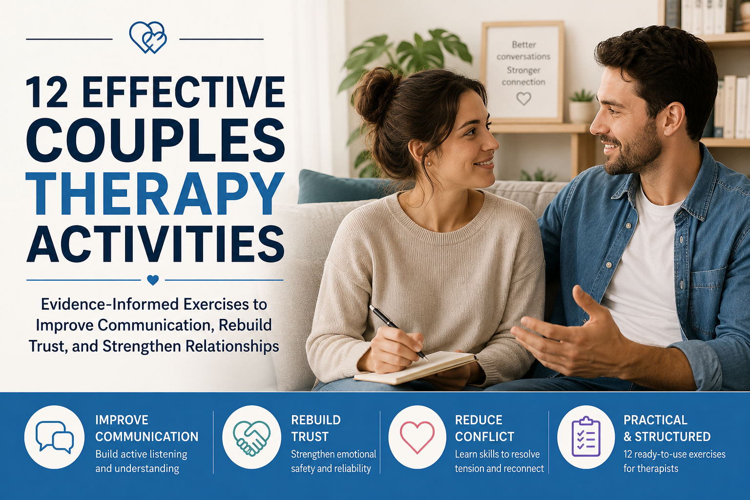 Couples participating in structured couples therapy activities to improve communication, rebuild trust, and strengthen relationships